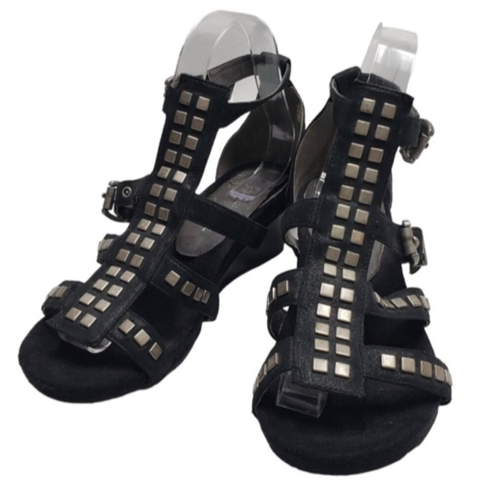 Fugitive Black Metal Studded Gladiator Style Wedge Sandal Size 38EU